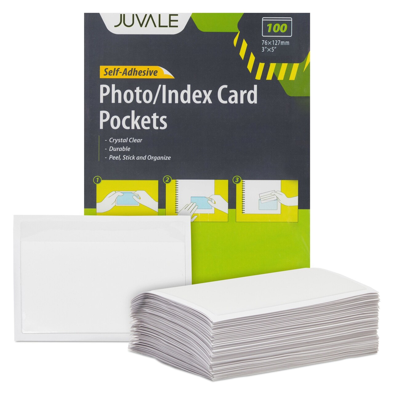 100 Pack Clear Self-Adhesive Pocket Label Holders for Index Cards 3x5, Bulk Top Load Plastic Sleeves for Storage